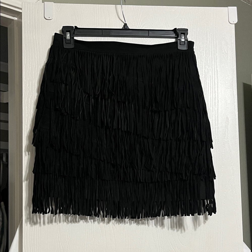 White House Black Market Layered Leather Fringe Mini Skirt